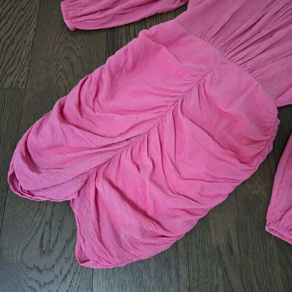 Rodebjer Adilah Ruched Long Balloon Sleeve Mini Dress in Moroccan Rose Pink - Picture 7 of 15